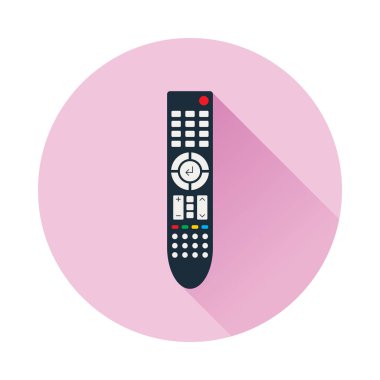 Televizyon veya medya merkezi için uzaktan kumanda. Daire şeklinin içinde uzun gölgeli düz bir simge. Kızılötesi kontrol sembolü. Vektör eps8 illüstrasyonu.
