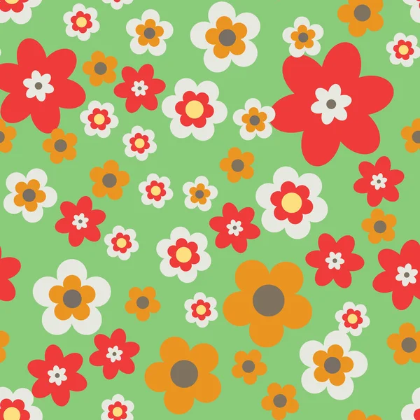 Simple Flat Flowers Seamless Pattern Colorful Blossom Randomly Placed Green — Wektor stockowy