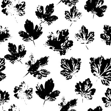 Gooseberry leaves black ink prints seamless pattern. Leaf silhouettes randomly placed on white background. Foliage imprints texture for fabric design or wrapping paper. EPS8 vector illustration.