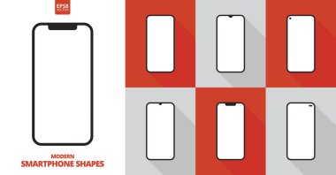 Set of modern smartphones flat style icons. Cell phone with sensor display in various constructive designs. Shape of mobile devices with blank screen. Touchscreen copy space. EPS8 vector illustration.