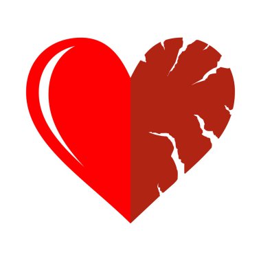 Two halfs of red cracked heart icon isolated on white background. Heart shape with cracks and ragged edges. Symbol of unhappy love, emotional experience or painful condition. EPS8 vector illustration.