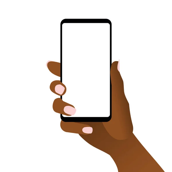 Африканская Женщина Держит Черный Смартфон Современный Сотовый Телефон Чистым Белым — стоковый вектор