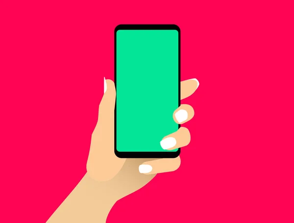 Female Hand Shows Smartphone Blank Green Display Woman Hold Cell — 图库矢量图片