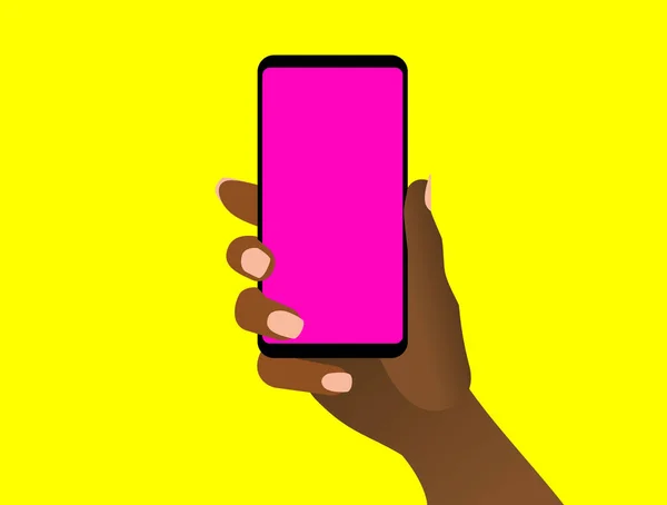 African Woman Hand Shows Black Smartphone Blank Pink Display Presentation —  Vetores de Stock