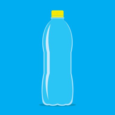 Empty transparent plastic bottle with yellow cap for water or juice. Flat icon isolated on sky blue background. Stylized vector eps10 illustration with transparency.