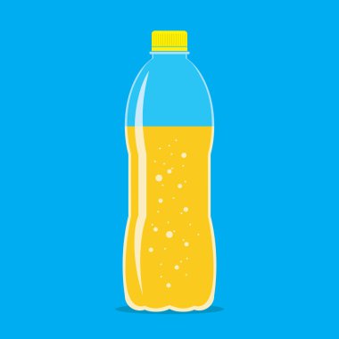 Plastic bottle three quarters filled of fresh sparkling orange juice. Flat icon isolated on sky blue background. Yellow liquid in transparent container. Vector eps10 illustration with transparency.