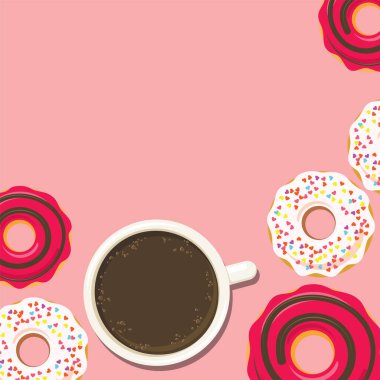 Donuts and cup of coffee or hot chocolate. Sweet sugar icing doughnuts in the glaze with colorful sprinkle topping. Flat style top view background for poster or menu design. Vector eps10 illustration.