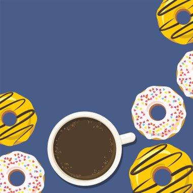 Donuts and cup of coffee or hot chocolate. Sweet sugar icing doughnuts in the glaze with colorful sprinkle topping. Flat style background for poster, menu or banner design. Vector eps10 illustration.