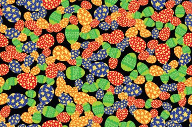 Renkli Paskalya yumurtaları siyah arka planda rastgele yerleştirilmiş. Hristiyan bayramında kusursuz bir düzen. Paketleme ya da tebrik kartı dokusu. Parlak renk vektörü eps8 illüstrasyonu.