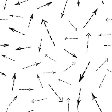 Beyaz arka plana rastgele yerleştirilmiş düz oklar. Kusursuz desen. Sağ, sol, yukarı ve aşağı soyut işaretler ve ok başları ambalaj dokusu. Vektör eps8 illüstrasyonu.
