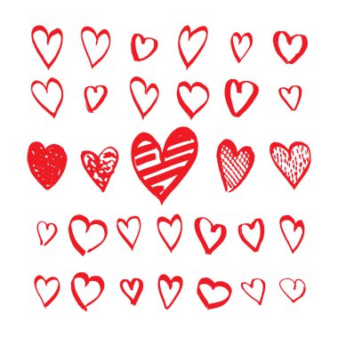 Heart icons hand drawn set in doodle style. Sketchy design elements for Valentines day or wedding. Red love symbols isolated on white. Vector eps8 illustration.
