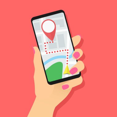 Female hand holding smartphone with map and marker. Mobile GPS tracking concept. Woman using phone for navigation or ordering taxi. Location track app on touch screen device. Vector EPS8 illustration.