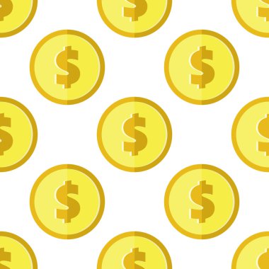 Dolar işaretli, kusursuz desenli soyut altın sikkeler. Arka planda ABD para birimi sembollerini beyaza altın renginde sarmak. Vektör eps8 illüstrasyonu.
