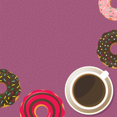 Cup of coffee or hot chocolate and donuts around. Sweet icing doughnuts in the glaze with colorful sprinkle topping. Flat style background for poster or menu design. Top view vector eps10 illustration