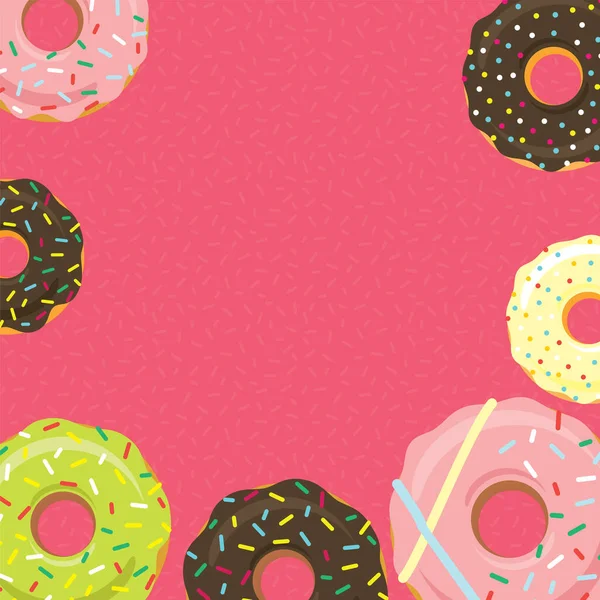 Красочные Пончики Вокруг Розового Пустого Пространства Сладкий Глазурь Пончики Глазури — стоковый вектор