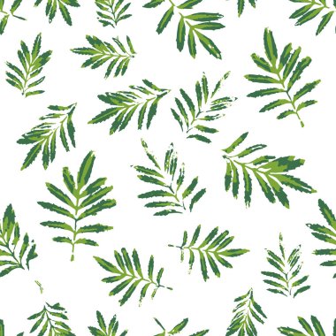 Yeşil kadife çiçeği pürüzsüz bir iz bırakır. Bahar yaprakları tekrar eden doku. Kumaş tasarımı, duvar kağıtları, ambalaj kağıtları ve diğerleri için el yapımı bitki dekorasyonu. EPS8 vektör illüstrasyonu.