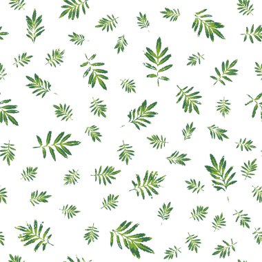 Yeşil kadife çiçeği pürüzsüz bir iz bırakır. Bahar yaprakları tekrar eden doku. Kumaş tasarımı, duvar kağıtları, ambalaj kağıtları ve diğerleri için el yapımı bitki dekorasyonu. EPS8 vektör illüstrasyonu.