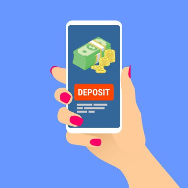 Ekranda depozito mesajı olan bir kadın cep telefonu. Sergilenen banknotlar ve altın paralarla akıllı telefon gösteren bir kadın. Çevrimiçi e-ticaret için mevduat konsepti. Düz vektör EPS8 gösterimi.