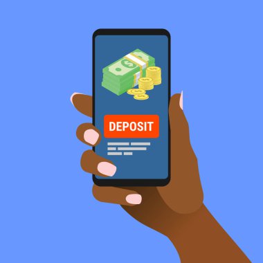 Ekranda depozito mesajı olan Afro-Amerikalı kadın cep telefonu. Afrikalı kadın, banknotları ve altın paraları sergilenen akıllı telefonu gösteriyor. Çevrimiçi e-ticaret için mevduat konsepti. Düz vektör EPS8 gösterimi.