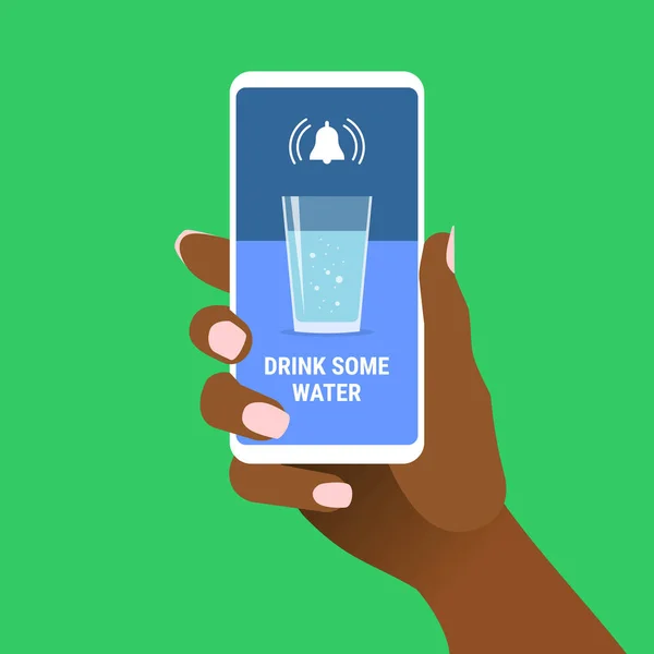 Afrikanische Weibliche Hand Hält Smartphone Mit Botschaft Und Glas Wasser — Stockvektor