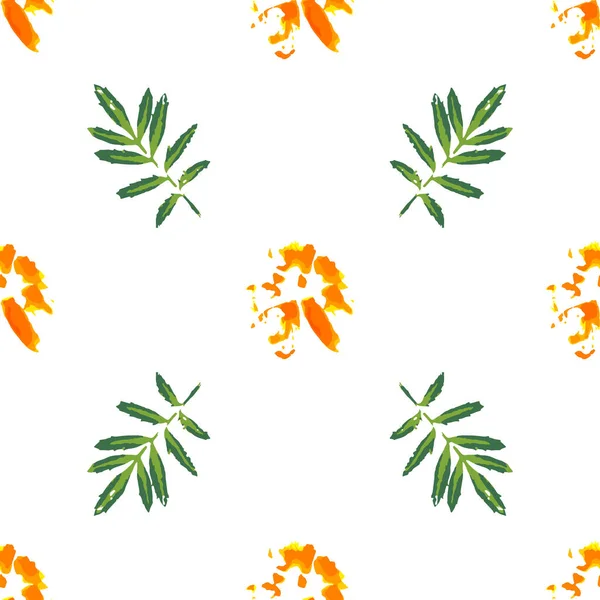 Πράσινα Φύλλα Marigold Και Πορτοκαλί Λουλούδια Εκτυπώνει Αδιάλειπτη Μοτίβο Καλοκαίρι — Διανυσματικό Αρχείο