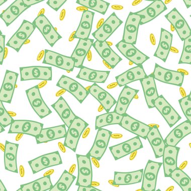 Dolar banknotları ve altın paralar kusursuz desen. Finansal paket geçmişi. ABD para birimi işaretli soyut tekrarlayan doku. Biçimlendirilmiş vektör eps8 illüstrasyonu.