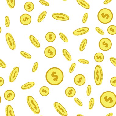 Soyut düşen altın sikkeler kusursuz desen. Altın para yağmuru. Beyaz üzerine rastgele yerleştirilmiş dolar işaretleriyle arka plan tekrarlanıyor. Vektör eps8 illüstrasyonu.