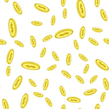 Soyut düşen altın sikkeler kusursuz desen. Altın para yağmuru. Beyaz üzerine rastgele yerleştirilmiş dolar işaretleriyle arka plan tekrarlanıyor. Vektör eps8 illüstrasyonu.