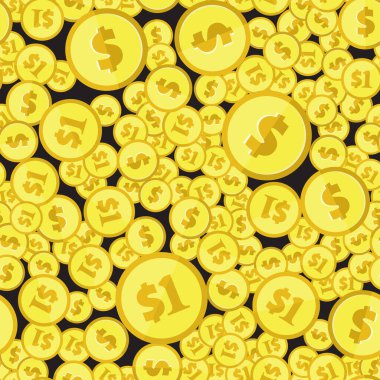 Altın paralar kusursuz desenler. Düz stil üst görünüm arkaplanı. ABD para birimi sembollerini tekrarlayarak geri çekiliyorum. Para simgeleri rastgele siyaha konur. Vektör eps8 illüstrasyonu.