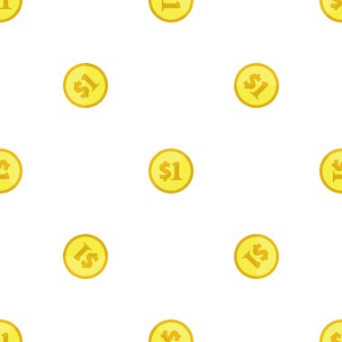 Altın bir dolar, kusursuz desen. ABD para birimi sembolleriyle arka planda tekrarlanıyor. Para ikonları beyaza. Vektör eps8 illüstrasyonu.