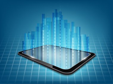 arka plan ile dokunmatik tablet model ve mavi resimler hologram.