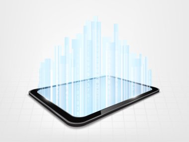arka plan ile dokunmatik tablet modeli ve rakamlar hologram.