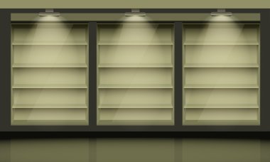 tarafından projektörler aydınlatılmış boş ahşap raflar