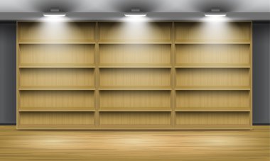 Empty wooden shelves, illuminated by searchlights