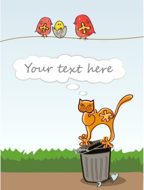 Turuncu karikatür kedi bir elektrik telleri üzerinde oturan bir kuş seyir