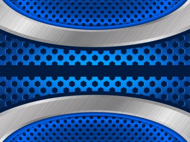 Blue background with metallic elements and hexagon perforated pattern.