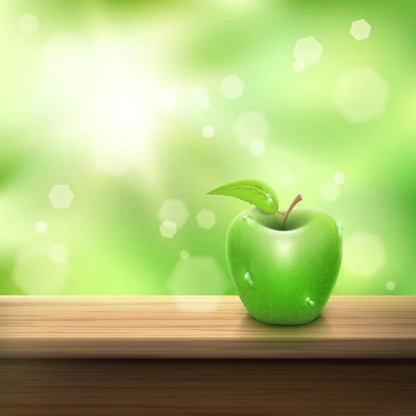 Зелене яблуко на дерев'яному столі та літньому сонці . — стоковий вектор