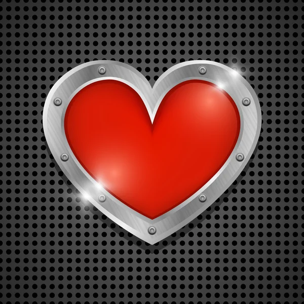 Bulles de coeur rouge brillant en aluminium bordure sur fond métallique — Image vectorielle