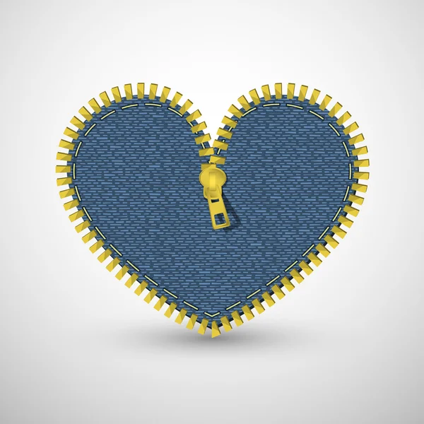 Coeur en denim bleu, avec fermeture éclair . — Image vectorielle
