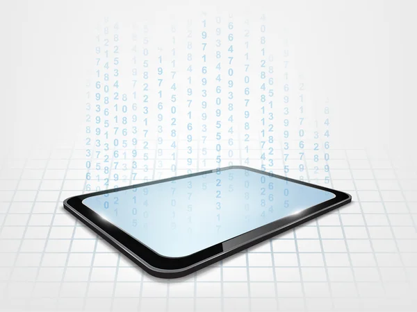Hintergrund mit Touch-Tablet-Modell und Hologramm mit Zahlen. — Stockvektor