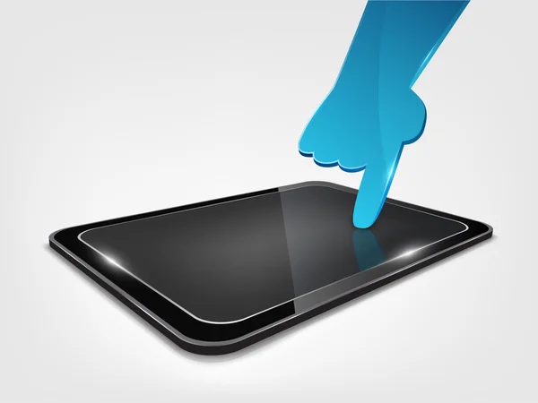 Modelo tableta táctil con mano de cristal brillo azul — Vector de stock