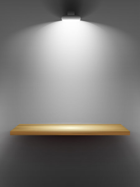 Empty wooden shelf in room, illuminated by searchlights