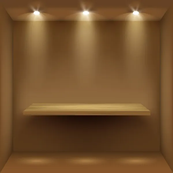 Oda, boş ahşap raf tarafından projektörler aydınlatılmış