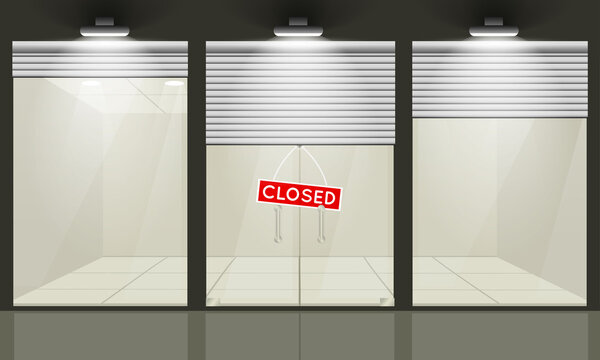 Shop with glass windows and doors, front view.