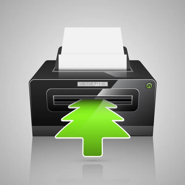 Impresora con papel blanco y árbol de navidad verde — Vector de stock