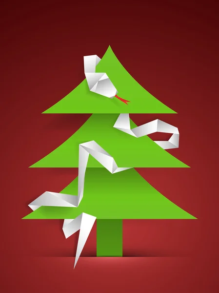 Albero di Natale verde con serpente origami bianco — Vettoriale Stock