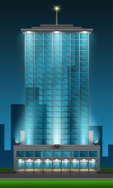 Rascacielos vista frontal de cristal azul sobre fondo de la ciudad de noche — Vector de stock