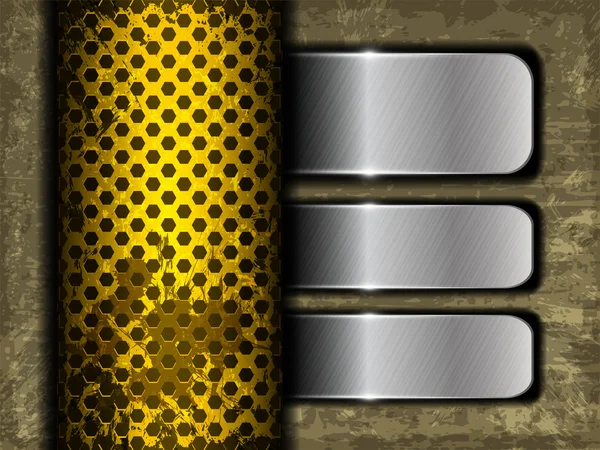 Abstrakter Grunge-Hintergrund mit drei metallischen Platten und Sechseck-Lochmuster — Stockvektor