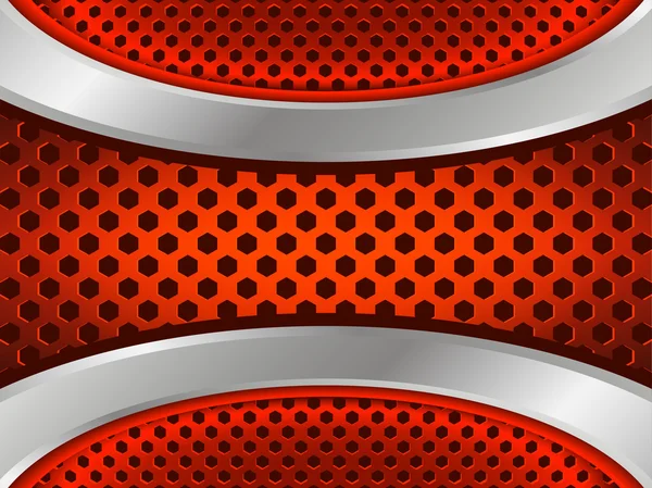 Abstrakter roter Hintergrund mit metallischen Elementen und Sechseck-Lochmuster. — Stockvektor