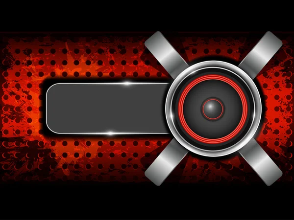 Fondo rojo abstracto con altavoz círculo metálico y placa perforada . — Vector de stock